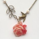 Antiqued Brass Branch Bird Flower Pearl Necklace Handmade Vintage