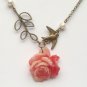 Antiqued Brass Branch Bird Flower Pearl Necklace Handmade Vintage