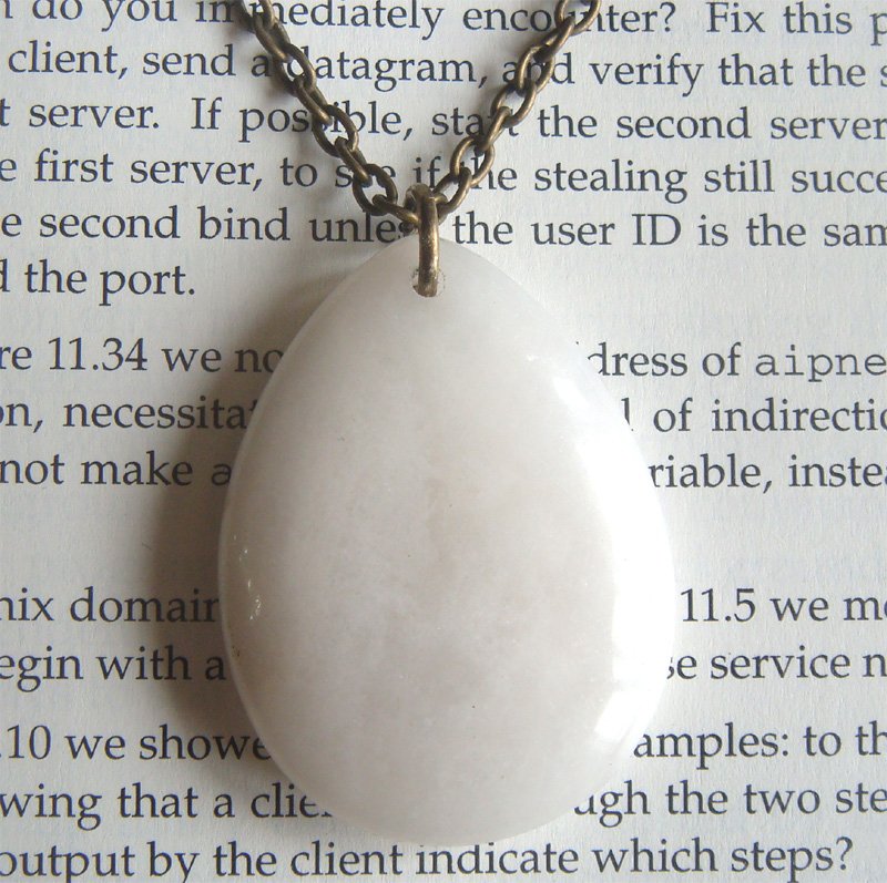 Natural White Jade Teardrop Pendant Brass Necklace Handmade Vintage Style