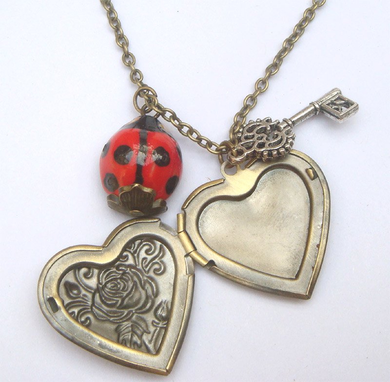 Antiqued Brass Key Porcelain Ladybug Locket Necklace Handmade Vintage Style