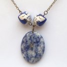 Antiqued Brass Sodalite Porcelain Owl Necklace Handmade Vintage Style