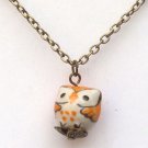 Antiqued Brass  Orange Porcelain Owl Necklace Handmade Vintage Style