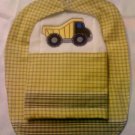Yellow Plaid with Green Stripe Bib/Burp Set with Embroidered Dump Truck