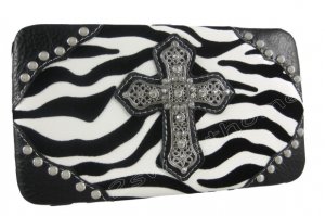 Rhinestone Gothic Cross Zebra Print Hardcase Flat Wallet