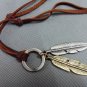 Brown real Leather and alloy feather pendant adiustable necklace N1