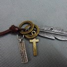Brown real Leather and alloy feather pendant adiustable necklace N3