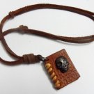 Brown real Leather alloy skull and book pendant adiustable necklace N5