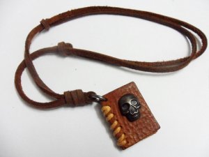 Brown real Leather alloy skull and book pendant adiustable necklace N5