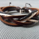 Adjustable white black Cotton Ropes and brown soft Leather Bracelet 16S