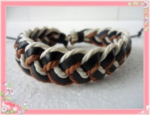 Adjustable black leather and Multicolour cotton ropes bracelet 19S