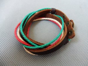 Adjustable black leather and Multicolour cotton ropes bracelet 24S