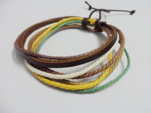 Adjustable black leather and Multicolour cotton ropes bracelet 33S