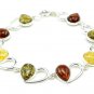 Sterling silver HEART MOTIFS BRACELET with genuine multicolour BALTIC AMBER