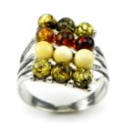 MULTICOLOUR BALTIC AMBER RING - STERLING SILVER - SIZE P 1/2
