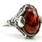 .925 silver leaves RING with genuine cognac BALTIC AMBER stone - size N 1/2