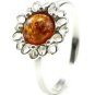 Sterling silver flower RING with genuine cognac BALTIC AMBER stone - size M