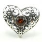 Heart shape art nouveau RING with cognac BALTIC AMBER - size O - ADJUSTABLE