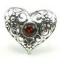 Heart shape art nouveau RING with cognac BALTIC AMBER - size O - ADJUSTABLE