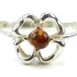 Silver LUCKY FOUR LEAF CLOVER RING with genuine cognac BALTIC AMBER - size O