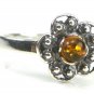.925 silver flower RING with genuine cognac BALTIC AMBER stone - size L 1/2