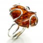 Silver RING with cognac BALTIC AMBER - size T - Adjustable