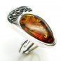 Silver SWIRL RING with cognac BALTIC AMBER - size S - Adjustable