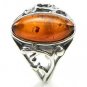 Sterling silver floral RING with genuine cognac BALTIC AMBER stone - size O 1/2