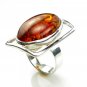 .925 Silver MODERN STYLE RING with cognac BALTIC AMBER - size S - Adjustable