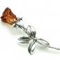 Handmade Sterling silver pin brooch with ROSE flower carved in BALTIC AMBER