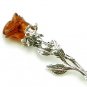 Sterling silver ROSE pin brooch with flower carved in BALTIC AMBER - Ideal Gift!