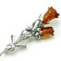 Sterling silver pin brooch with two ROSE flowers hand-carved in BALTIC AMBER