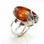 Silver LEAF MOTIF RING with genuine cognac Baltic Amber - size O - Adjustable