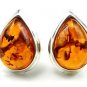 Sterling silver tear-drop stud EARRINGS with genuine cognac BALTIC AMBER stones