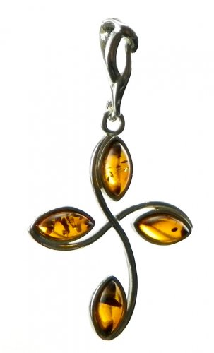 COGNAC BALTIC AMBER WAVY CROSS PENDANT - STERLING SILVER