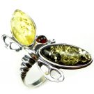 MULTICOLOUR BALTIC AMBER DRAGONFLY RING - STERLING SILVER - SIZE O 1/2