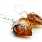 Handmade EARRINGS with genuine HEART SHAPED cognac BALTIC AMBER stones