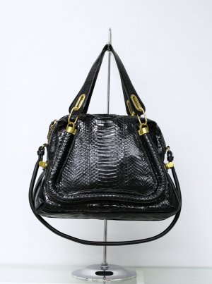 Black Adjustable Side Locks Water Snake Leather Handbag