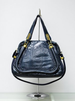 Navy Blue Adjustable Side Locks Water Snake Leather Handbag