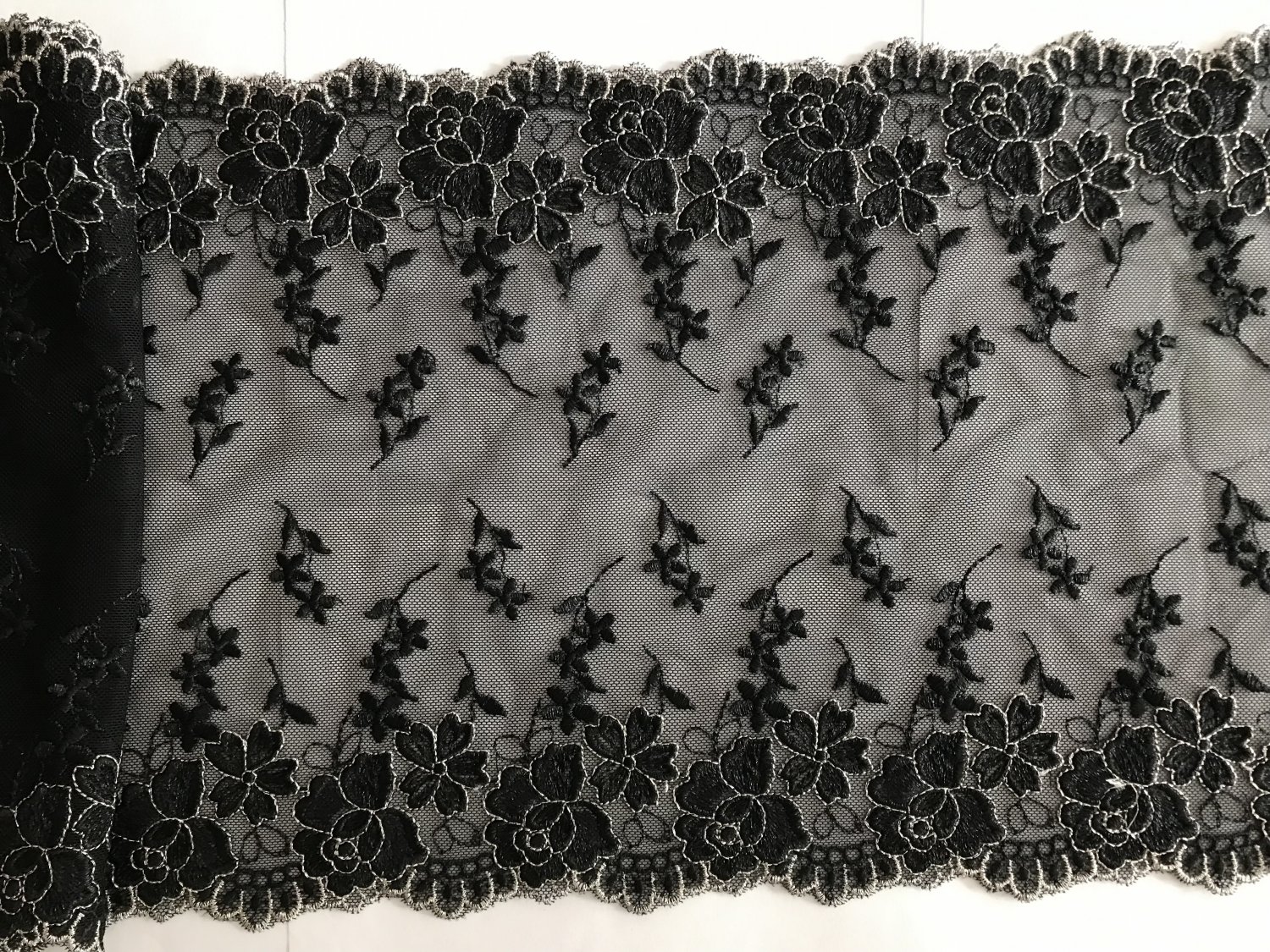 9.45" x 1.2 yds Lace Trim Embroidered Floral Black Mesh ～ Fast Delivery as Air Lettermail