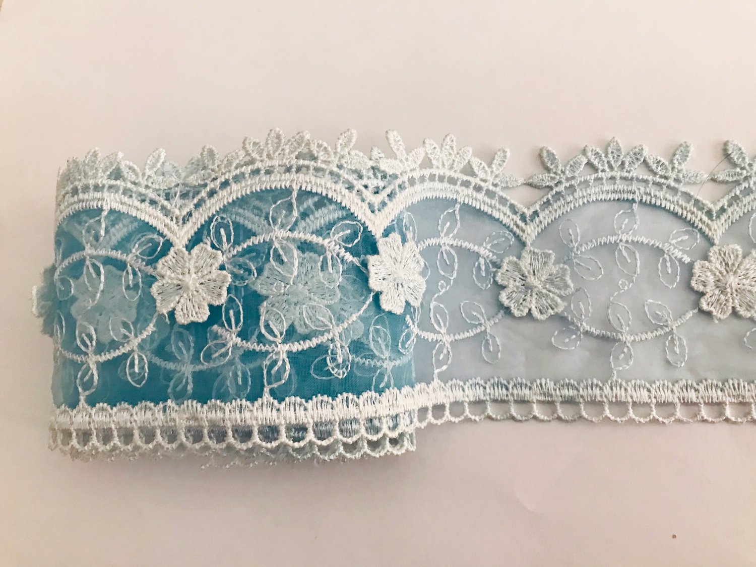 3.15" x 1.4 yds Lace Trim Embroidered Floral Mesh Blue ～ Fast Delivery as Air Lettermail