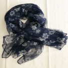 39" x 30" Silk Scarf Wrap Shawl Rectangle Dark Blue Floral Dongfeng Yarn ~ Fast Shipping