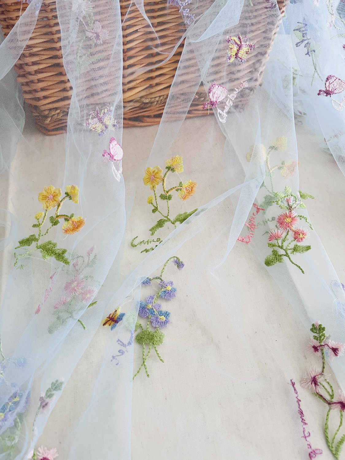 1.6x 1yd Embroidery Flowers Butterflies on Mesh Blue Fabric For Dress