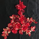 1pc 12.6” x 8.6” Red & Gold 3D Floral Embroidered Appliqué Patch with Sequins & Beads