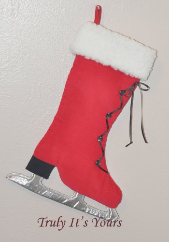 Ice Skate Stocking Wall Hanging Red Corduroy Stocking