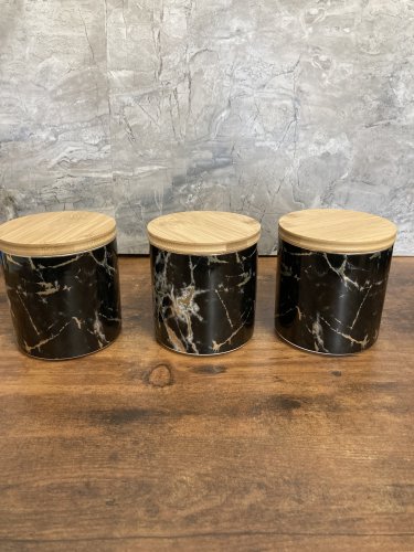 Ceramic Black Marble Pattern 3 pcs Canister Jar Container Set , With airtight Wooden Lid .