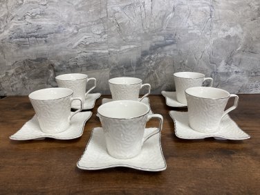 Ceramic Silver Rim Coffee Espresso cup and saucer set Hammer pattern . Set of 6 Cups and Saucers.