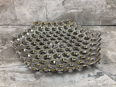 Ceramic Hexagon Concave Platter Serving Dish with Perforated Design Polished  Silver finish