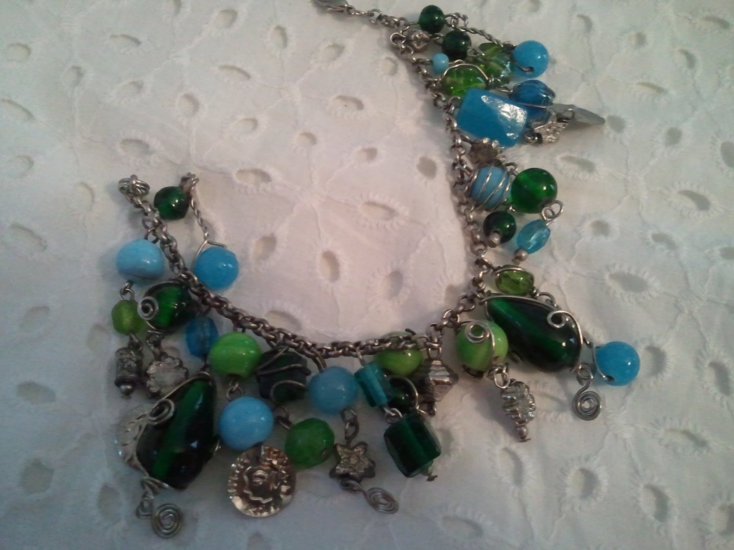 Blue and Green Charms Beaded Silver Handmade Bracelet