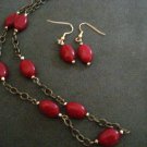 Handmade Genuine Ruby Oval Beads on Brass Chain and Earrings Set