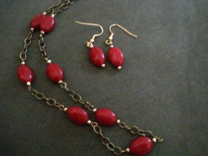 Handmade Genuine Ruby Oval Beads on Brass Chain and Earrings Set